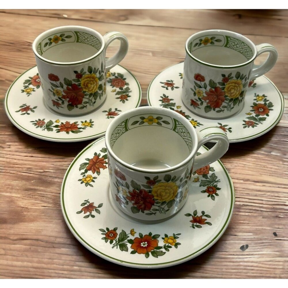 Villeroy and Boch Summerday Tea Cups with Saucers Lot of 3 Vintage Flowers 1970s